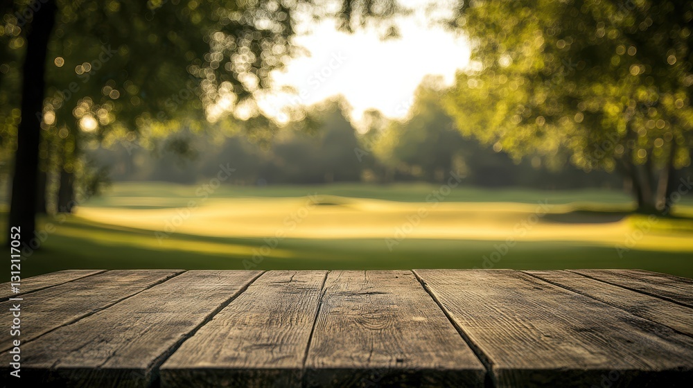 A rustic wooden table positioned in front of a golf course, set against a bokeh background that highlights the lush greenery and serene atmosphere of the course.