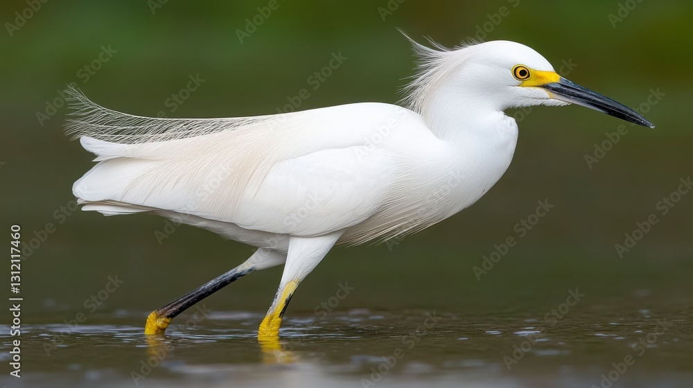 Elegant Snowy Egret Wading Through Shallow Water in Natural Habitat Elegant Snowy Egret Wading Through Shallow Water in Natural Habitat