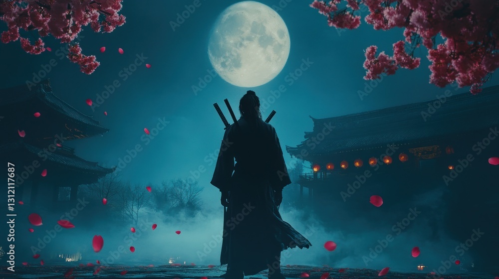 Fototapeta premium Samurai at Night Under Full Moon