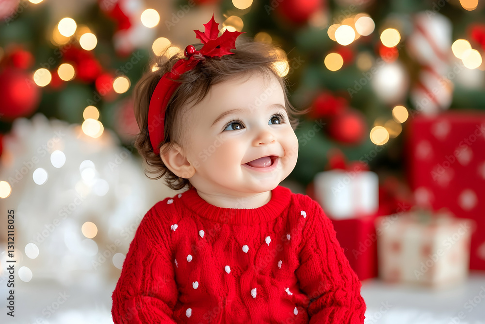 Baby smiles with lights, gifts, in a festive holiday scene Baby smiles with lights, gifts, in a festive holiday scene
