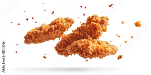 Crispy fried chicken tenders tossed in Cajun seasoning floating on a pure white background