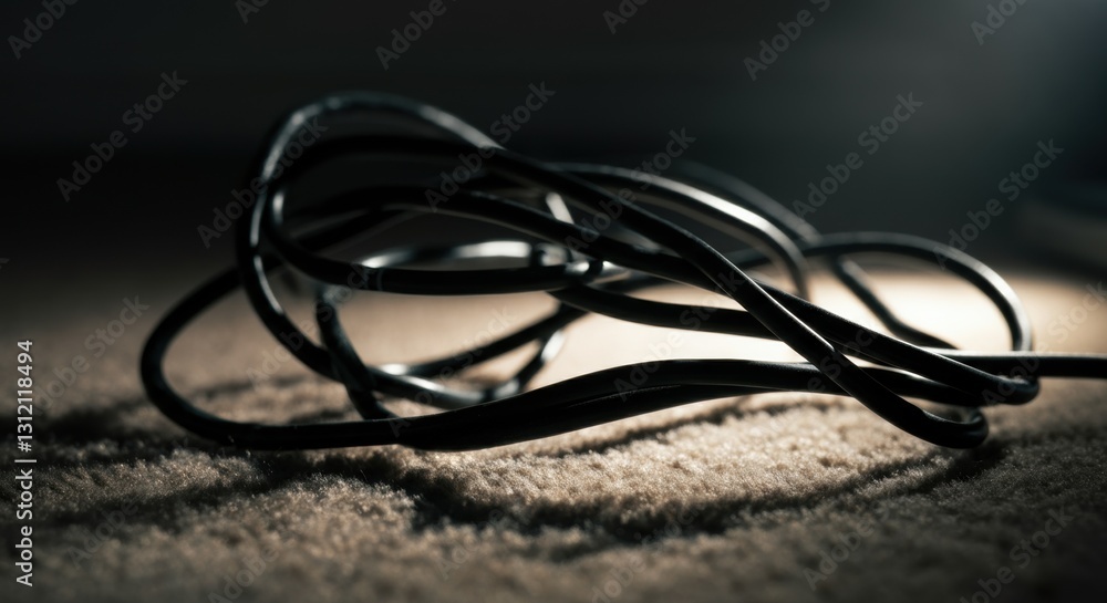 Close-up of coiled black cables on carpet in dim light Close-up of coiled black cables on carpet in dim light