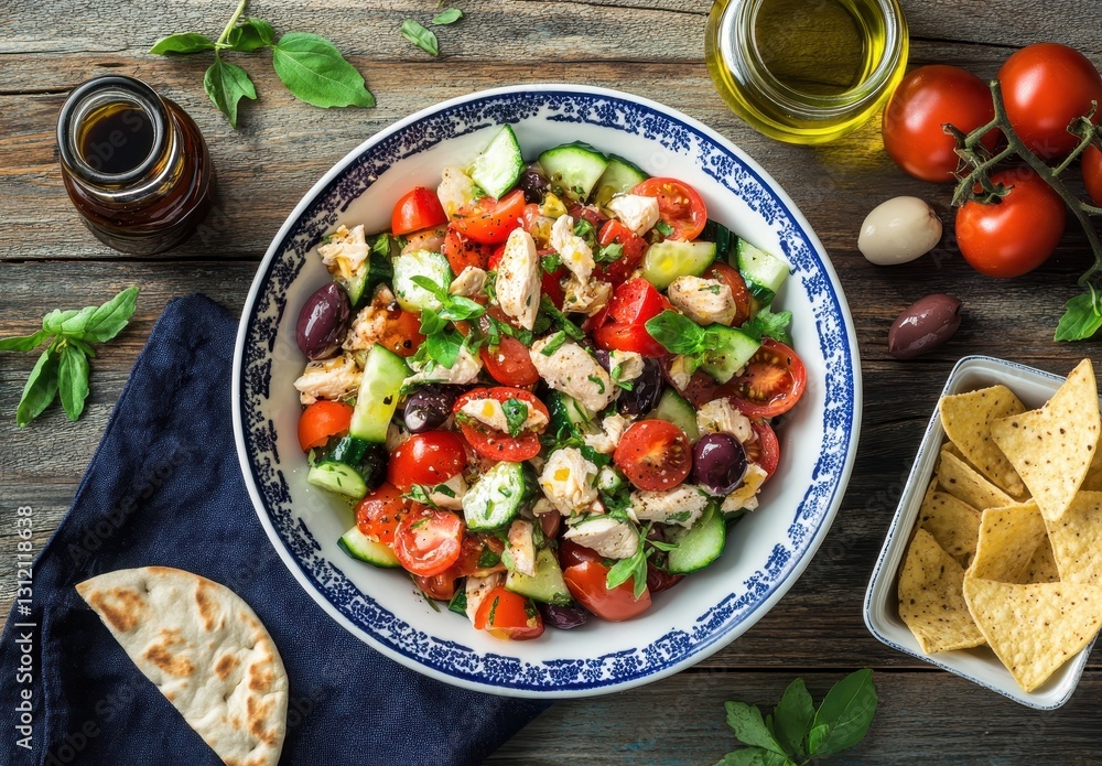 Fresh Mediterranean Chicken Salad with Olives, Tomatoes, Cucumbers, and Herbs Served with Olive Oil and Tortilla Chips on a Rustic Wooden Table Fresh Mediterranean Chicken Salad with Olives, Tomatoes, Cucumbers, and Herbs Served with Olive Oil and Tortilla Chips on a Rustic Wooden Table