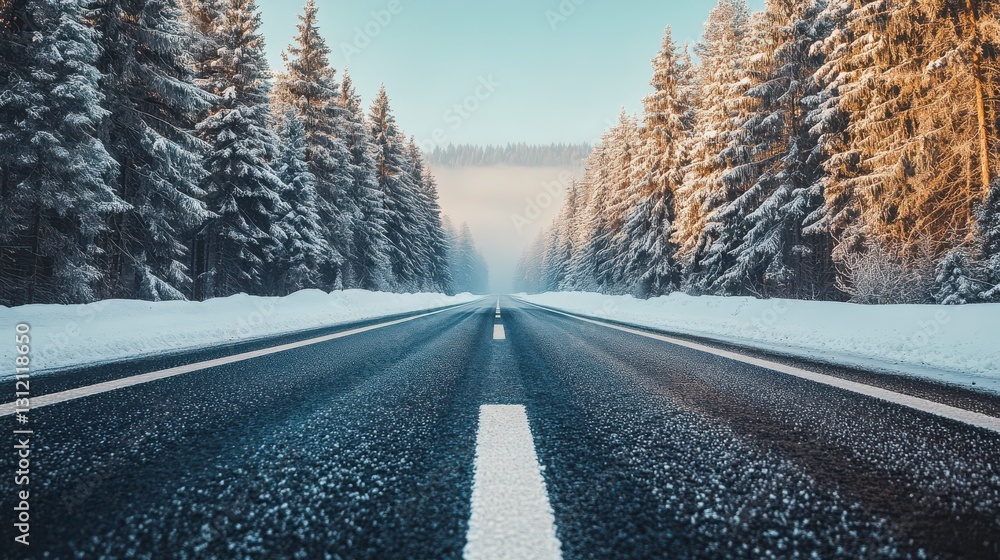 Serene Winter Road Through Snowy Pine Forest with Blue Sky Serene Winter Road Through Snowy Pine Forest with Blue Sky