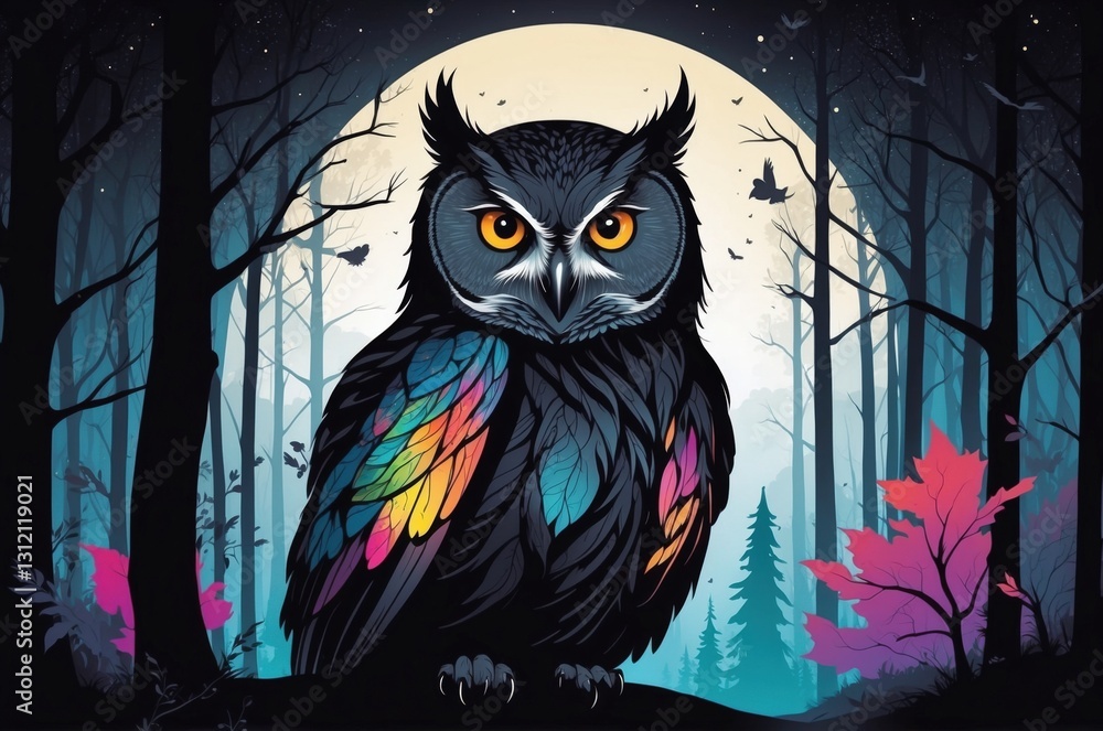 Fototapeta premium Colorful owl perched among dark trees with a full moon in the background creates a captivating night scene
