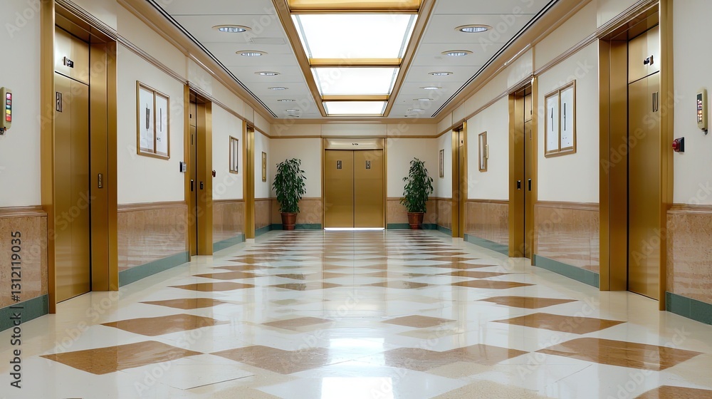 Naklejka premium A spacious elevator lobby with high ceilings, gold-trimmed doors, and luxurious tile flooring