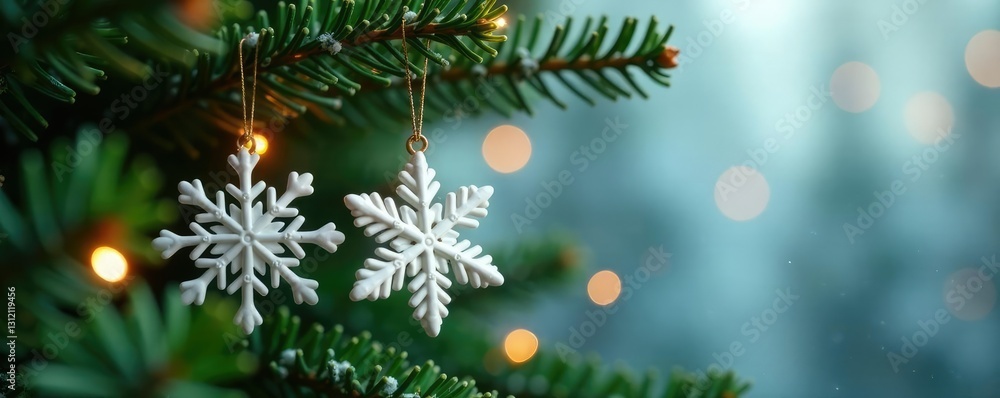 delicate ceramic snowflakes hang from branches of a tall pine, ornaments, tree delicate ceramic snowflakes hang from branches of a tall pine, ornaments, tree