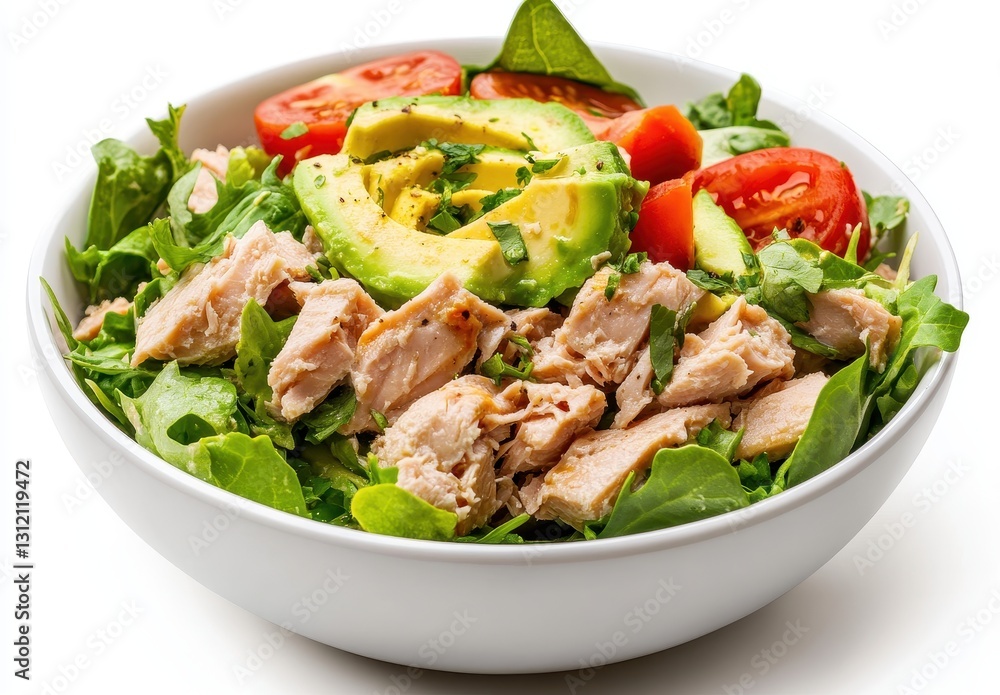 Fresh Mixed Salad with Grilled Chicken, Avocado Slices, Cherry Tomatoes, and Leafy Greens in a White Bowl on a Clean Background Fresh Mixed Salad with Grilled Chicken, Avocado Slices, Cherry Tomatoes, and Leafy Greens in a White Bowl on a Clean Background