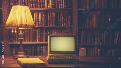 Wallpaper Mural Vintage laptop on a desk in a library, lit by a lamp. Torontodigital.ca