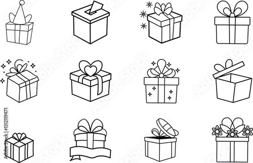 Twelve Gift Box Icons Presents, Bows, Ribbons, Celebration