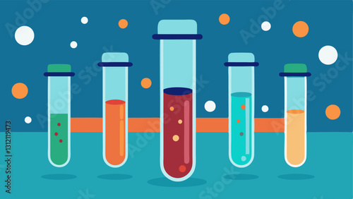 Test Tube Innovation Test tubes filled with exosomes in a laboratory setting surrounded by capsules representing research and innovation in antiaging.