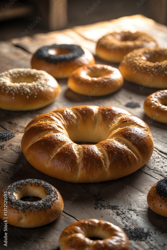 Freshly Baked Bagels with Sesame Seeds on Rustic Wooden Table Freshly Baked Bagels with Sesame Seeds on Rustic Wooden Table