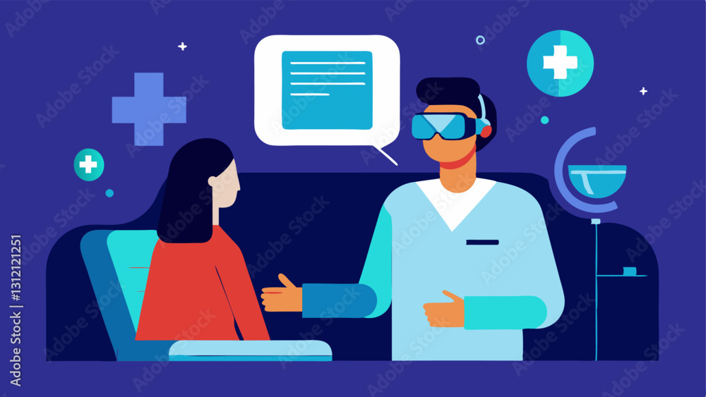 Virtual Reality Health Consultation A futuristic scene of a patient using a VR headset to participate in a digital health consultation about their hormonal health. Virtual Reality Health Consultation A futuristic scene of a patient using a VR headset to participate in a digital health consultation about their hormonal health.