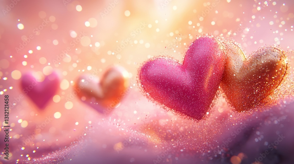 Obraz premium Two pink and gold hearts on sparkly surface.