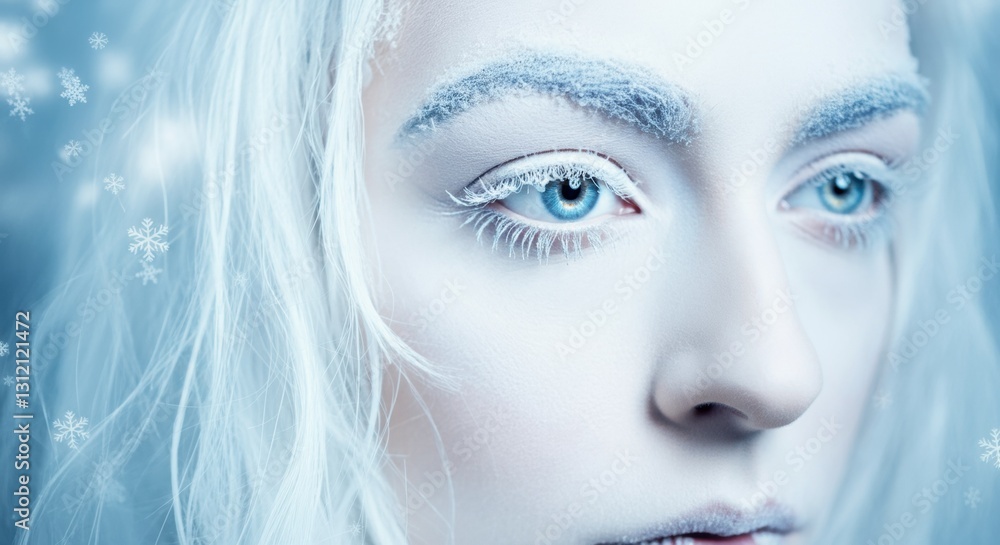 Caucasian female with frosted eyebrows and snowflakes in winter setting Caucasian female with frosted eyebrows and snowflakes in winter setting