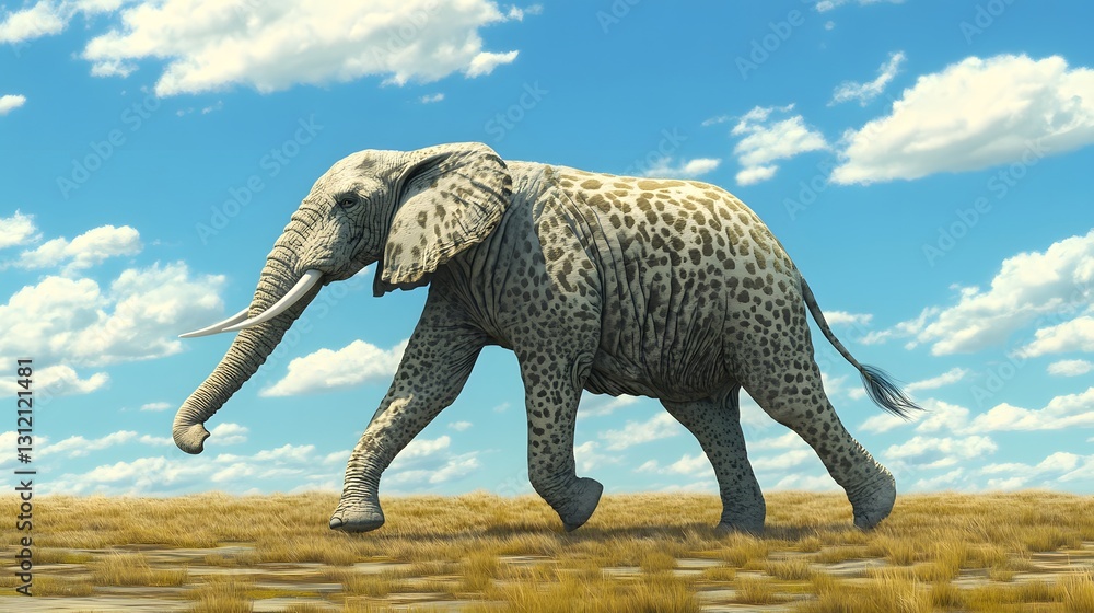 Fototapeta premium Majestic Elephant Walking Through Scenic Grassland Under Blue Sky