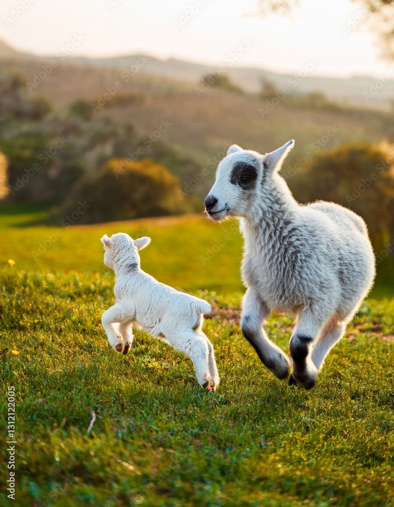 Obraz premium heartwarming scene of a single playful lamb and a single baby goat 2