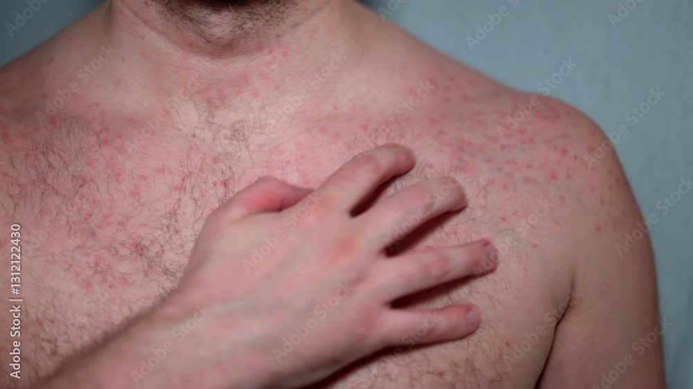 Human chest and shoulder covered with small red pimples, itchy rashes irritating skin leading to inflammation and redness, skin allergy or suspected cancer Human chest and shoulder covered with small red pimples, itchy rashes irritating skin leading to inflammation and redness, skin allergy or suspected cancer