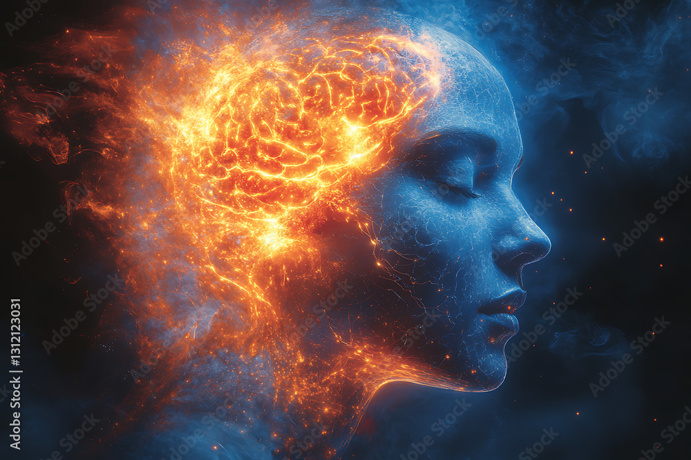 A surreal digital artwork of a human head merging with a glowing cosmic brain, surrounded by deep purple nebulae and electric energy. A surreal digital artwork of a human head merging with a glowing cosmic brain, surrounded by deep purple nebulae and electric energy.