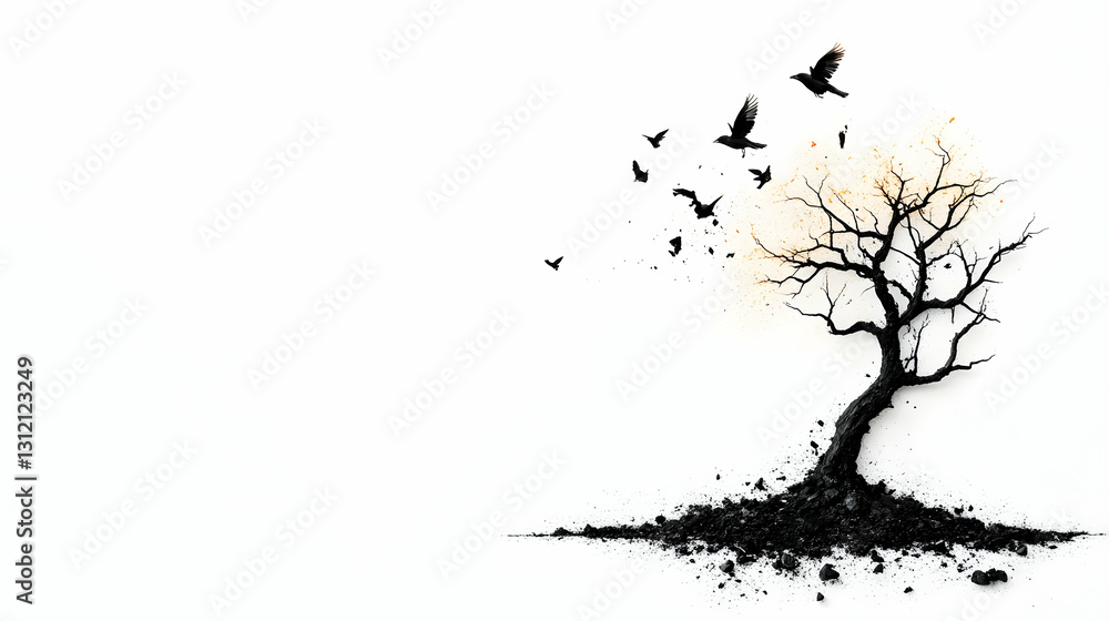 Black tree with flying birds, dark soil, and orange highlights on a white background Black tree with flying birds, dark soil, and orange highlights on a white background