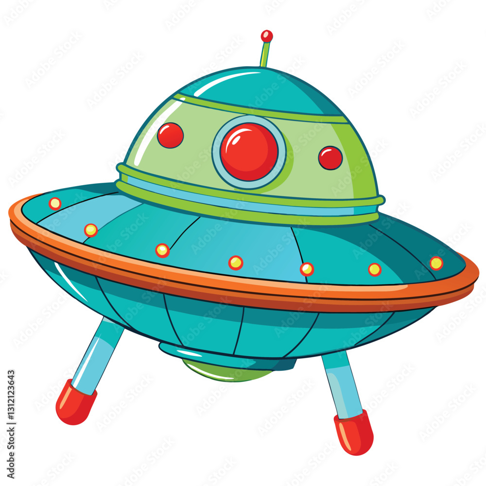 Render a retro-futuristic baby blue saucer-shaped spaceship, detailed design, smooth curves, glowing lights. Render a retro-futuristic baby blue saucer-shaped spaceship, detailed design, smooth curves, glowing lights.