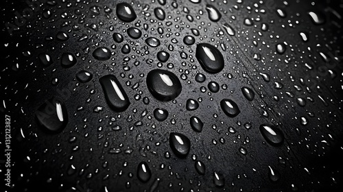Macro shot of numerous clear glistening water droplets covering a dark smooth surface  The droplets reflect the surrounding environment creating an abstract minimalist pattern