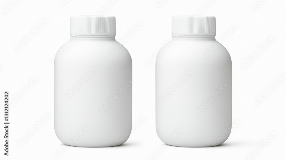 Two white plastic bottles with ribbed caps against a white background. Clean and simple product packaging mockup. Two white plastic bottles with ribbed caps against a white background. Clean and simple product packaging mockup.