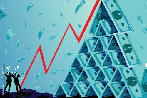 Illustrate the collapse of a Ponzi scheme using a crumbling pyramid of cash, depicting financial ruin and the devastating consequences for investors.