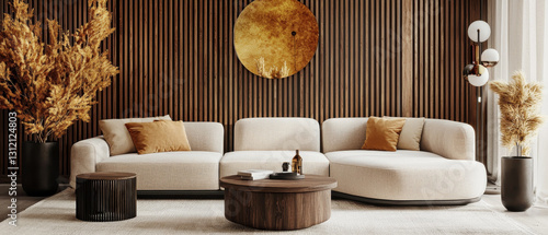 Beige sectional sofa, wooden coffee table, pampas grass, and a warm-toned wall photo