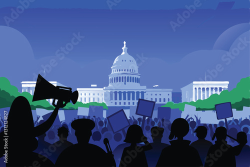 A powerful image depicting a large public protest; diverse crowd holding signs, banners, and placards; expressing dissent and demanding change.