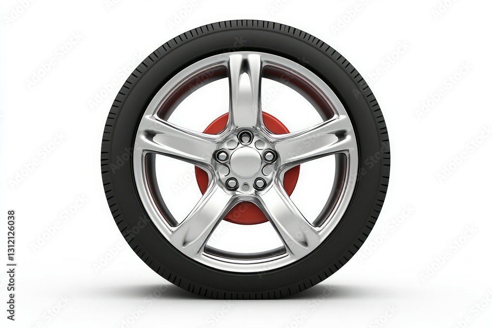Fototapeta premium Shiny metallic wheel rim on white background. AI generated