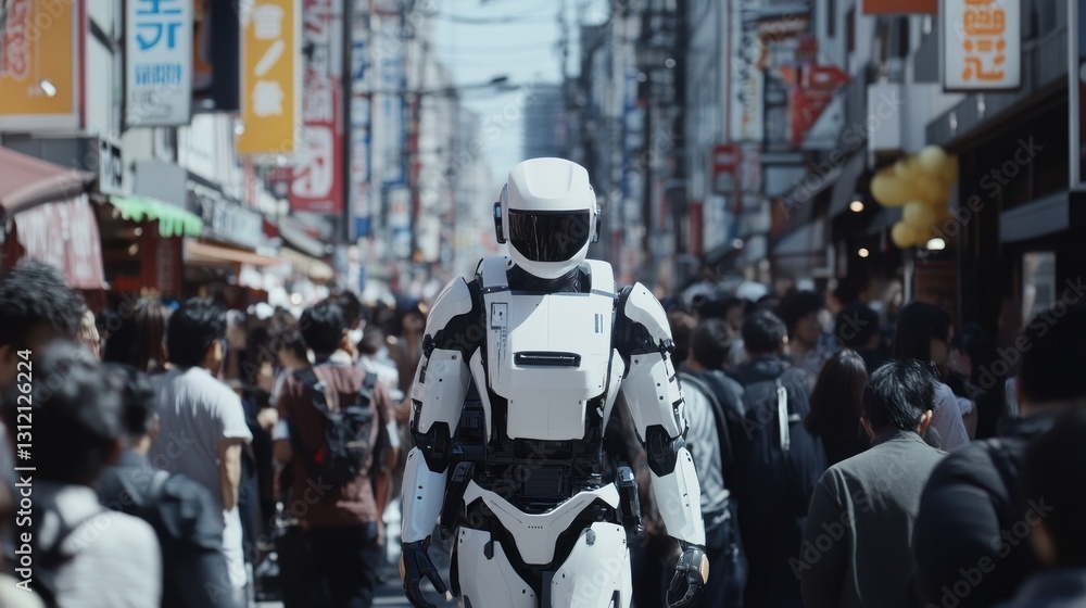 Obraz premium Futuristic robot in a bustling city street