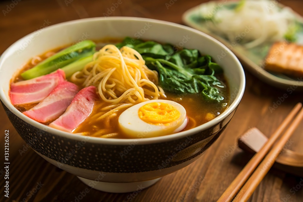 Delicious ramen bowl with egg, pork, and vegetables. Delicious ramen bowl with egg, pork, and vegetables.