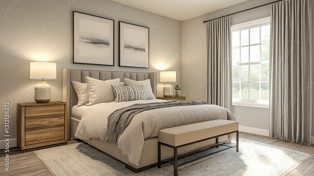 Soft oat curtains gently sway in the breeze, enhancing the tranquility of this Alpine-inspired bedroom decorated with calming tones and modern furnishings, creating a peaceful retreat Soft oat curtains gently sway in the breeze, enhancing the tranquility of this Alpine-inspired bedroom decorated with calming tones and modern furnishings, creating a peaceful retreat