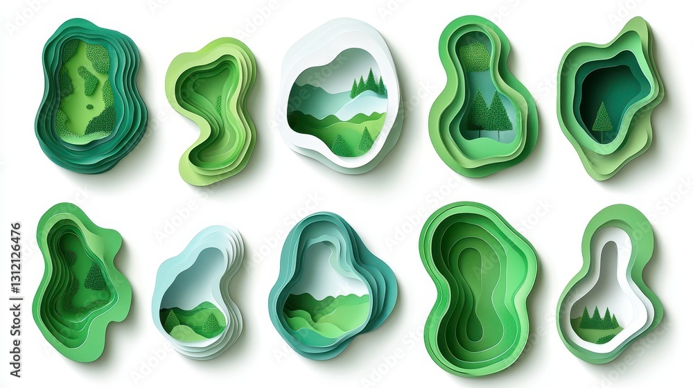 A set of 14 abstract graphic organic paper cut shapes designed for Earth Day. A set of 14 abstract graphic organic paper cut shapes designed for Earth Day.