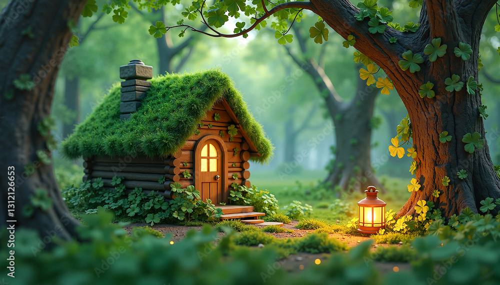 Fototapeta premium Enchanting tiny house nestled under lush green trees with glowing lanterns and shamrocks, capturing the magic of nature and tranquility.