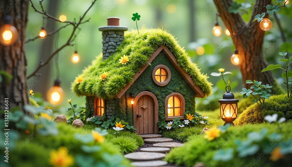 Fototapeta premium Tiny enchanted house covered in moss surrounded by shamrocks and daffodils, glowing fairy lights in a lush green forest, symbolizing magic and whimsy.