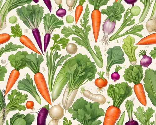 vibrant vegetable pattern with carrots, radishes, and leafy greens on a light background, perfect for a fresh and natural design