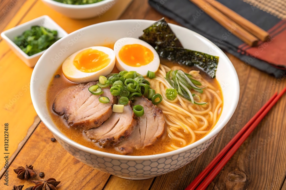 Delicious ramen noodles with chashu pork, soft boiled egg, and seaweed.