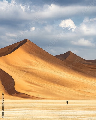 Solitary Traveler in Vast Desert Landscape with Dramatic Sky