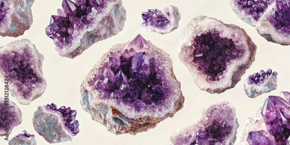 Floating amethyst geodes with purple crystal formations on a soft cream background Floating amethyst geodes with purple crystal formations on a soft cream background