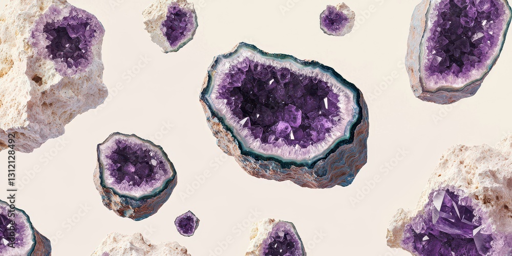 Floating amethyst geodes with purple crystal formations on a soft cream background Floating amethyst geodes with purple crystal formations on a soft cream background