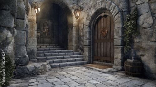 Medieval stone archway entrance with wooden door