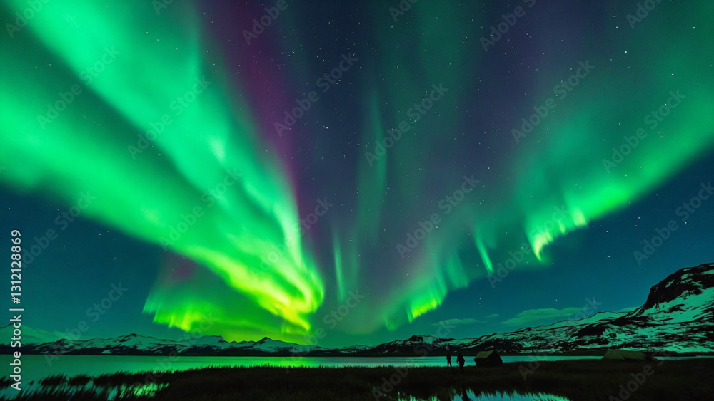 Naklejka premium Dazzling Aurora Light Display Solar Particles and Cosmic Choreography Creating a Celestial Marvel in the Night Sky