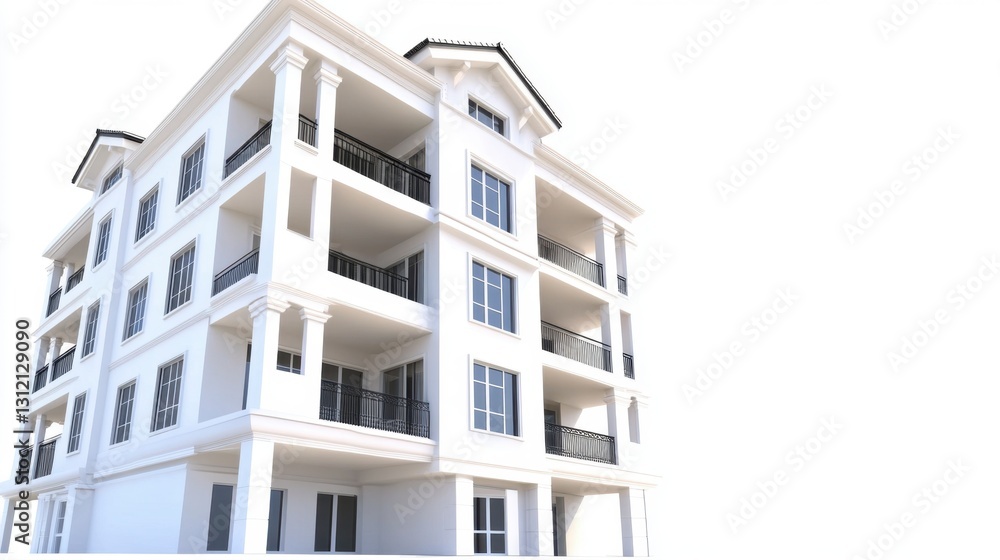 Fototapeta premium White multi story building with classical architecture, balconies, and columns against a white background. Digitally rendered.