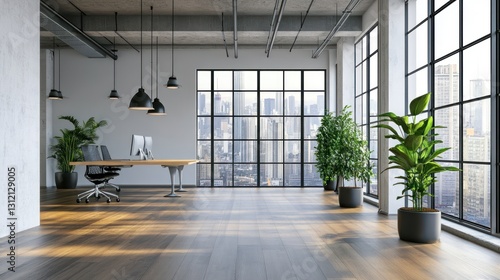 Modern loft office with city view  workspace  use for commercial  real estate  interior design