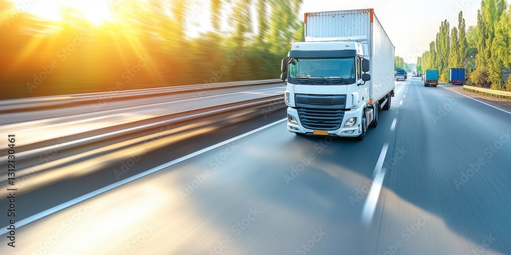 White semi truck drives on a highway at sunset. Sunlight flares in the upper left corner. Lush green trees line the road. Motion blur depicts speed. White semi truck drives on a highway at sunset. Sunlight flares in the upper left corner. Lush green trees line the road. Motion blur depicts speed.