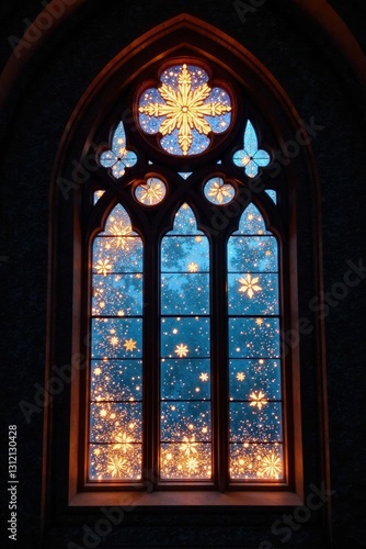 Stained glass window at the top of a church with snowflakes  stars  and warm lighting  snowflake  frost  warm