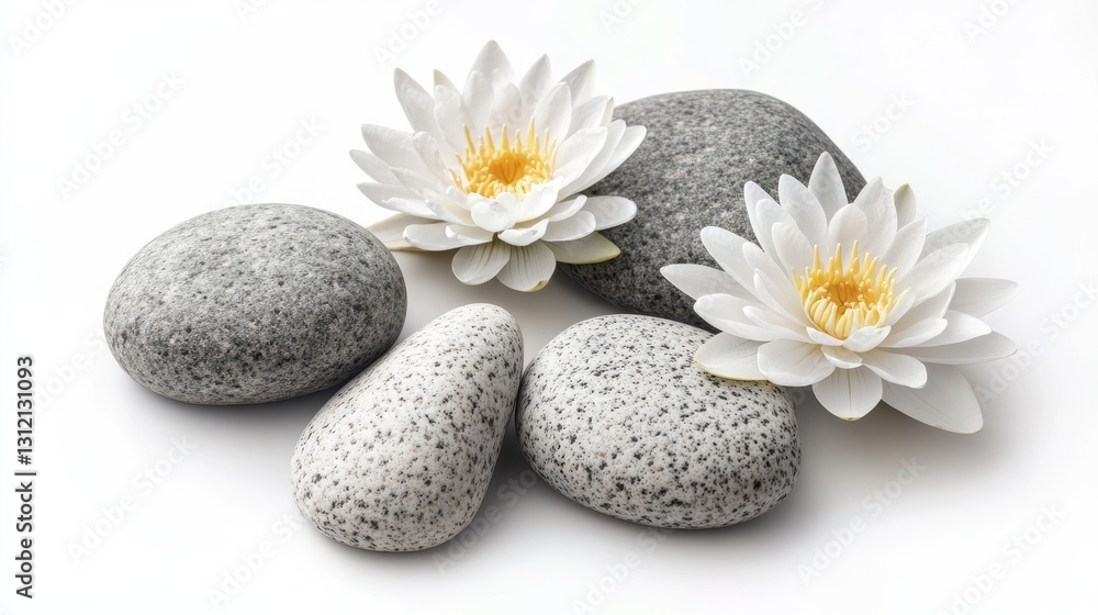 A set of zen spa stones accompanied by delicate lotus flowers, all isolated on a white background. A set of zen spa stones accompanied by delicate lotus flowers, all isolated on a white background.