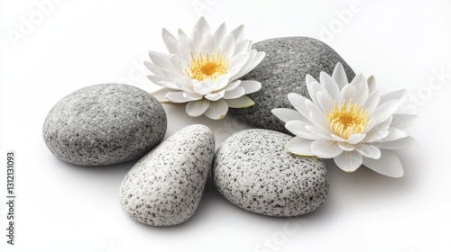 A set of zen spa stones accompanied by delicate lotus flowers, all isolated on a white background. photo